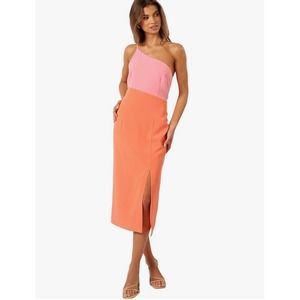 Petal + Pup Xiomar Orange Colorblock One Shoulder Side Slit Midi Dress Size 14